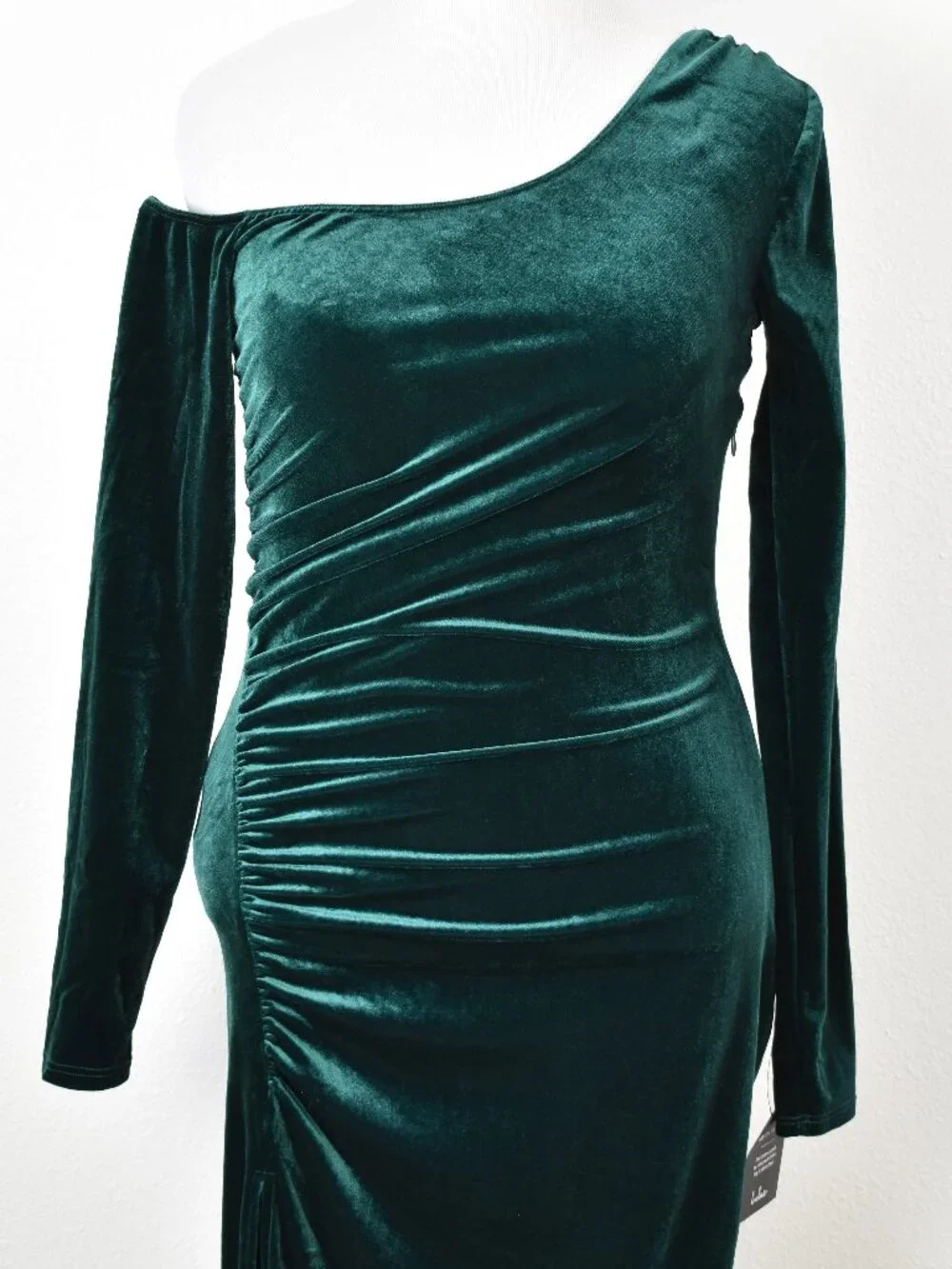 Lulu's Notorious Icon Emerald Green Velvet Asymmetrical Maxi Dress NEW - L - Picture 2 of 10